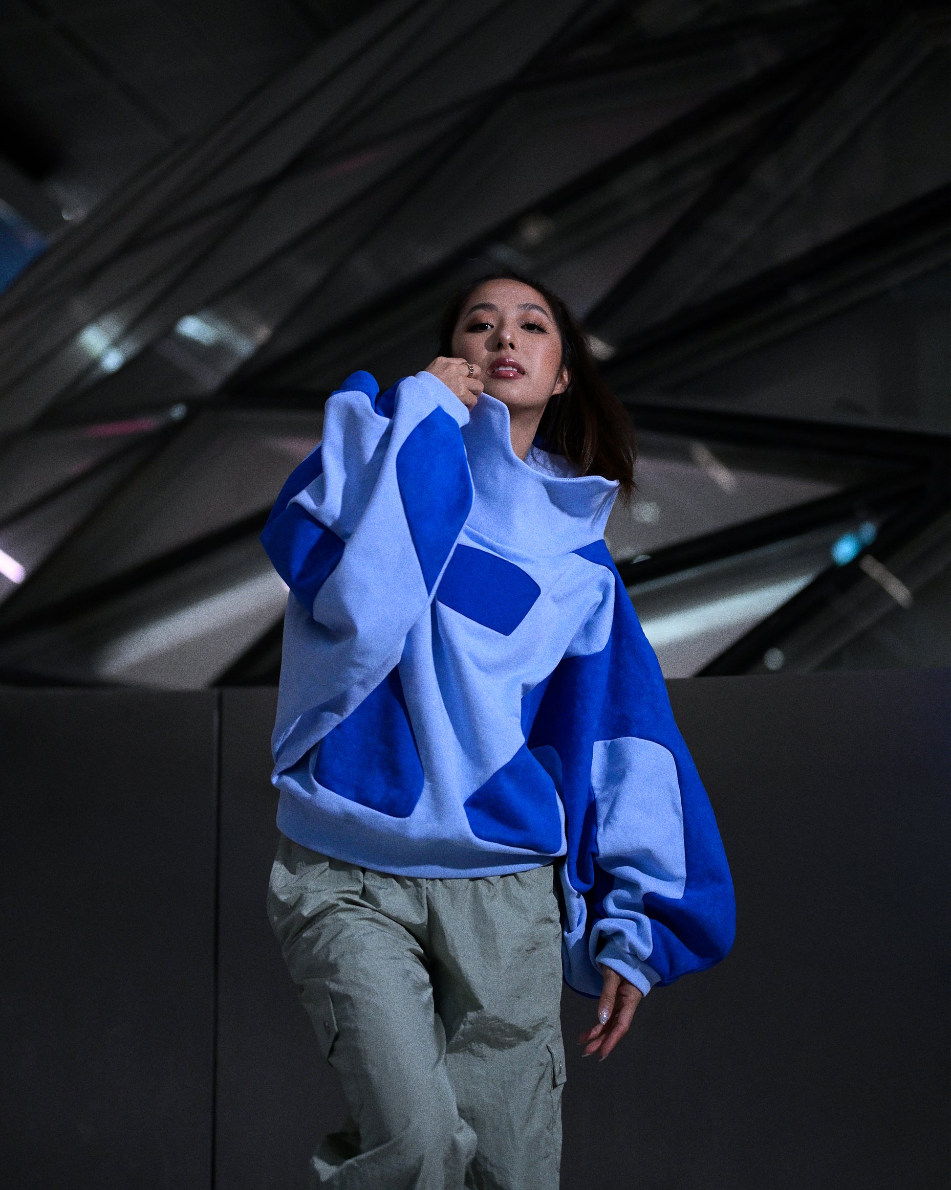 blue artificial love cybercore women's cropped sweater, front model view