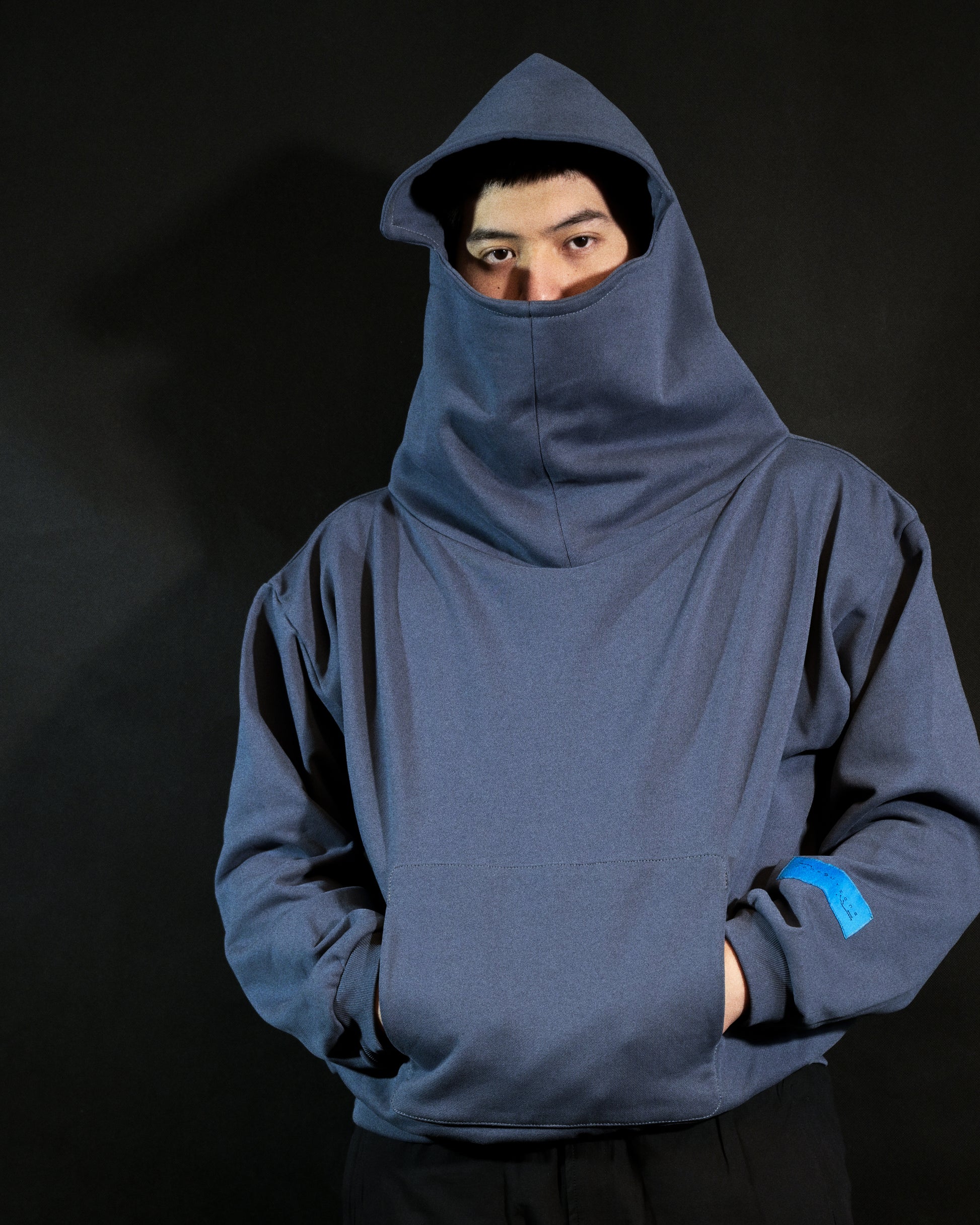 blue galactic space heavyweight blank hoodie, front model view