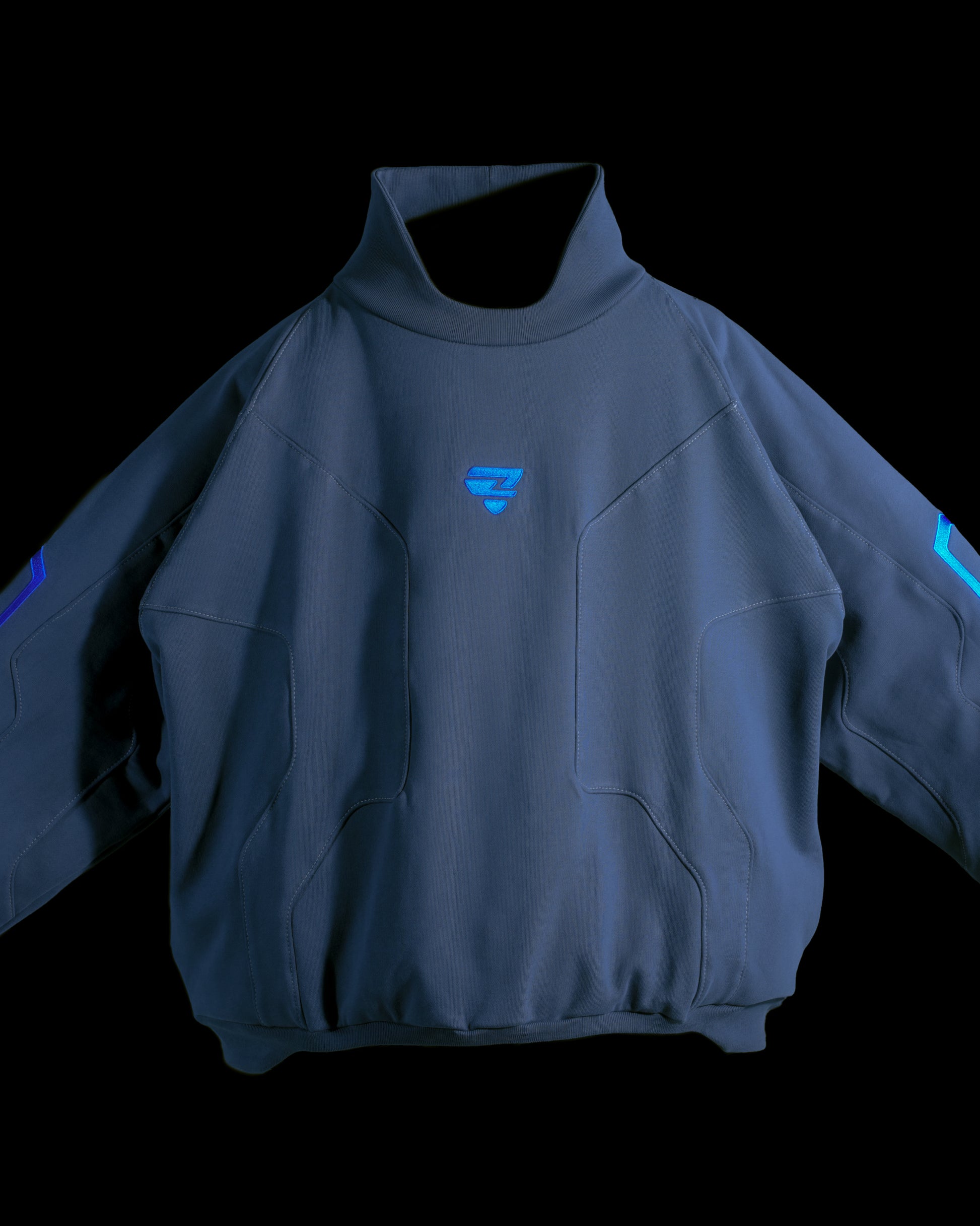 blue spacewear futuristic archive fashion sweater, front close up view