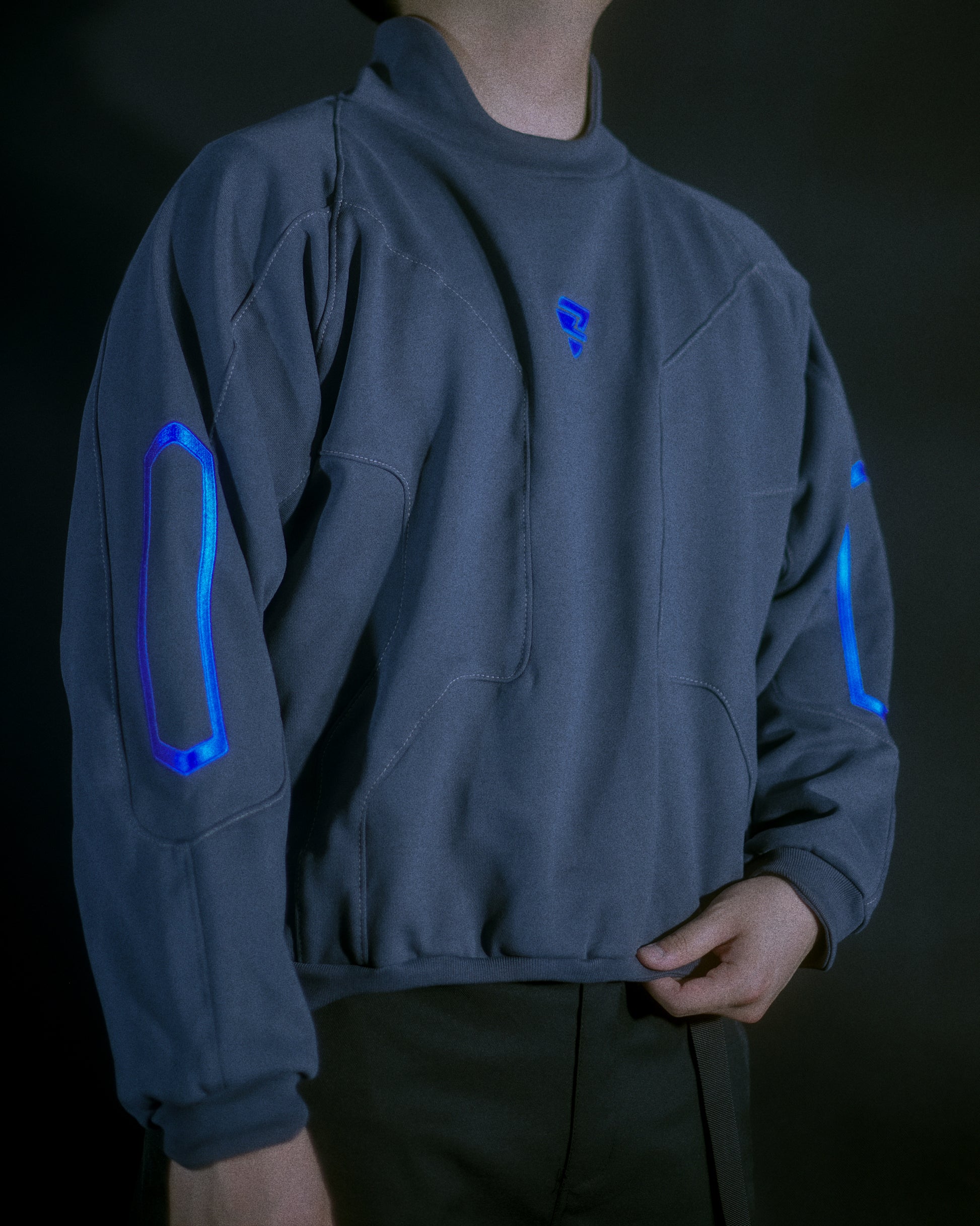 blue spacewear futuristic archive fashion sweater, front model view