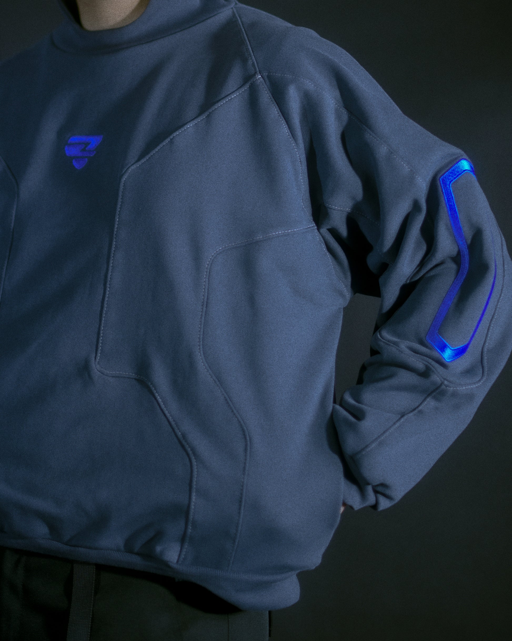 blue spacewear futuristic archive fashion sweater, front model close up view