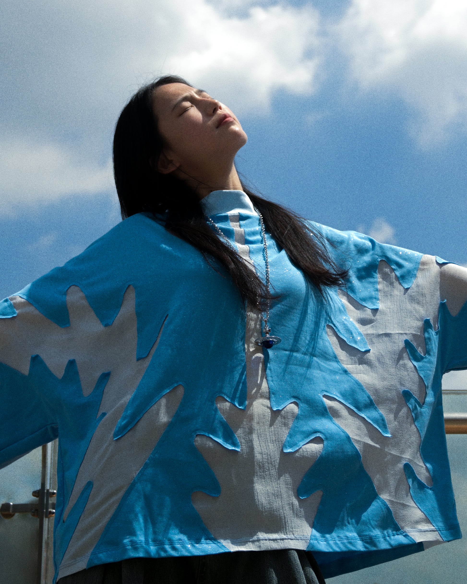 blue womens water world sci-fi shirt, front model view