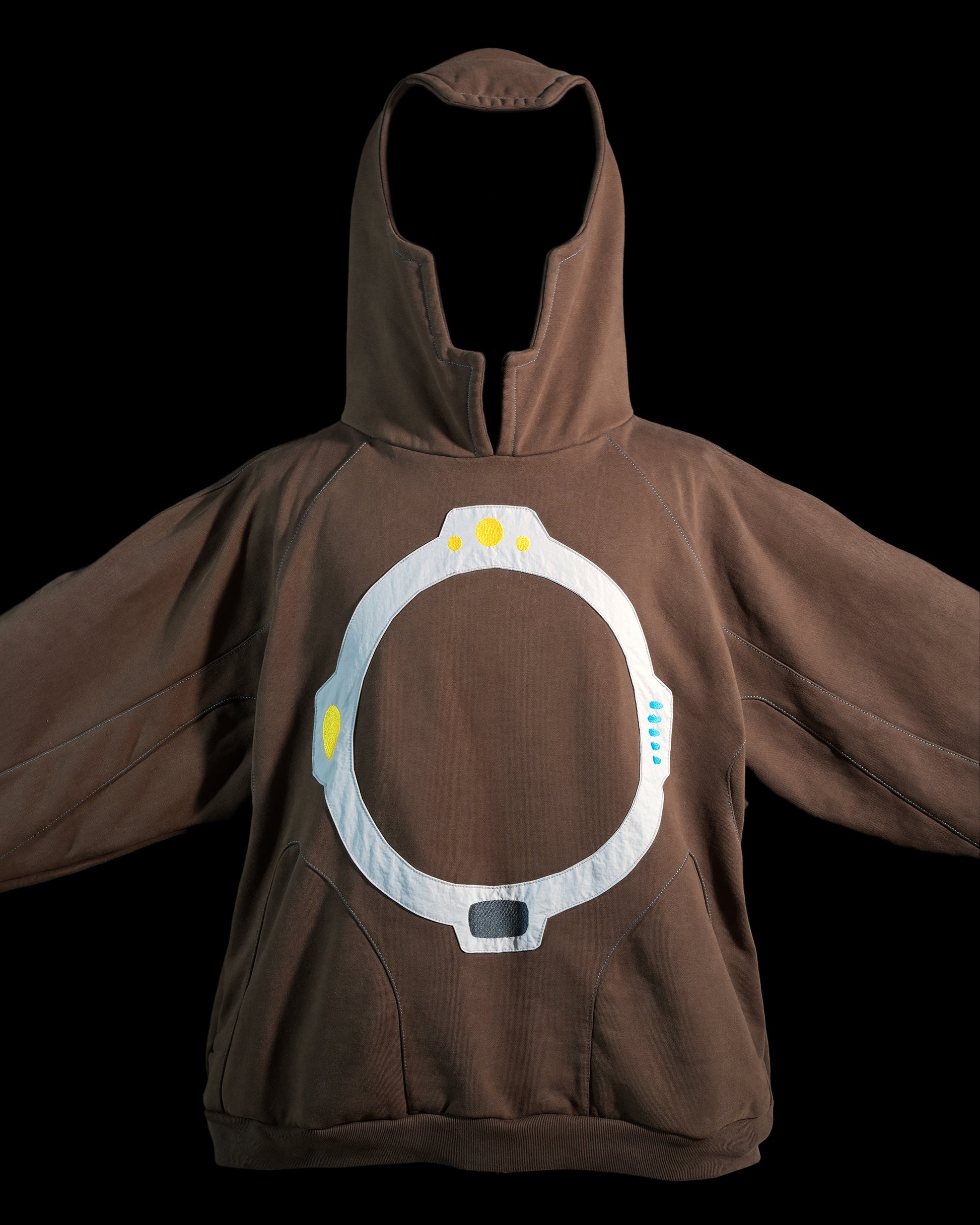 brown dyson sphere galactic space pullover hoodie, front close up view