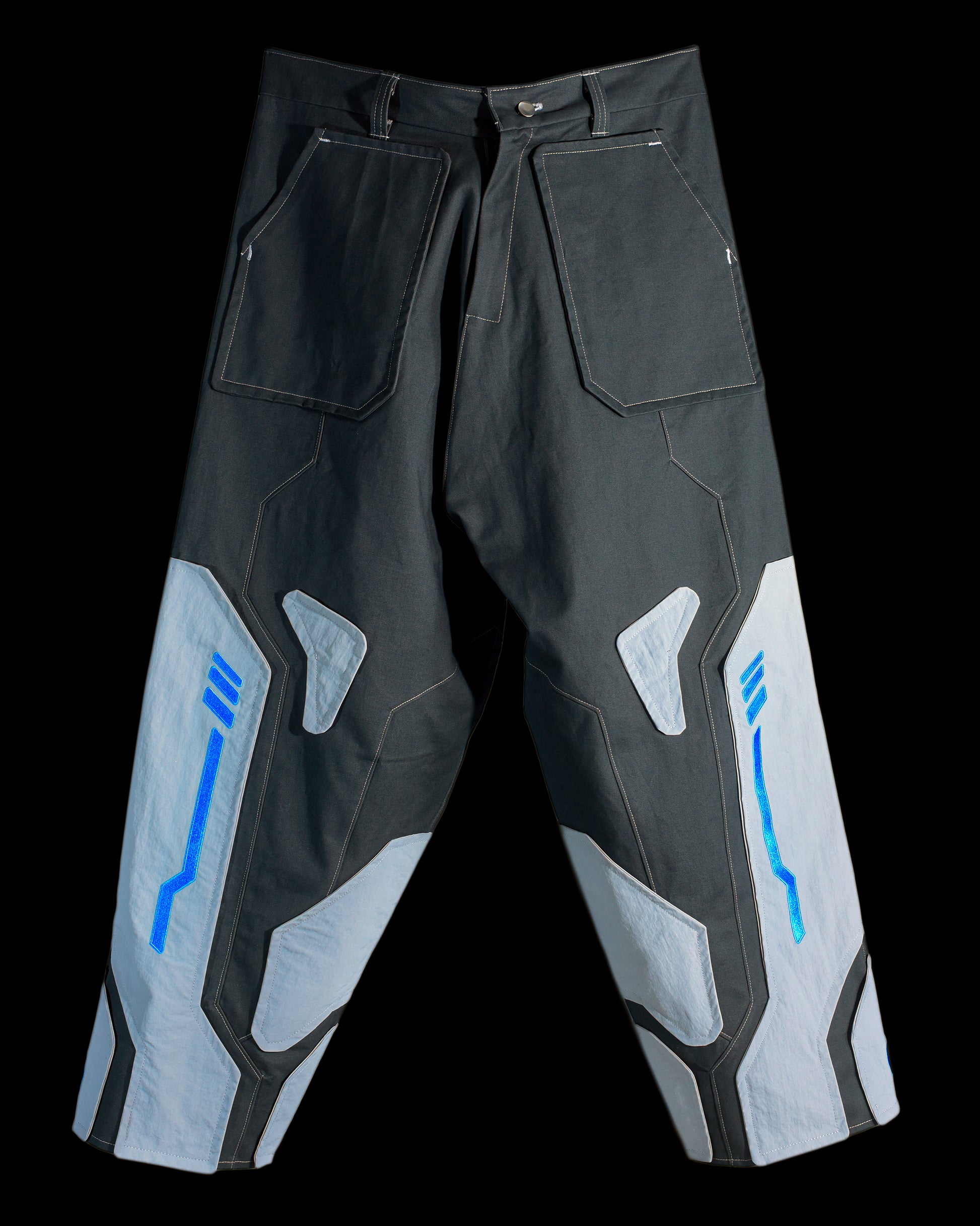brown grey modular retro futuristic pants, front view