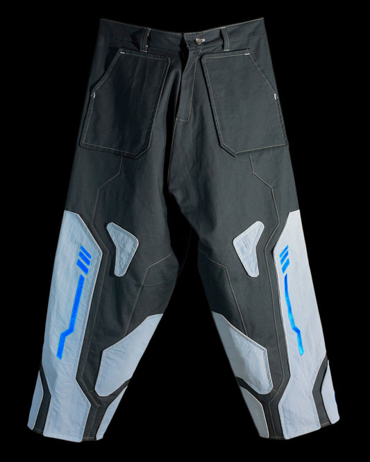 brown grey modular retro futuristic pants, front view