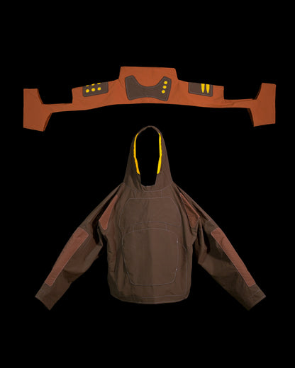 brown industrial dystopian streetwear archive fashion jacket, add on piece view