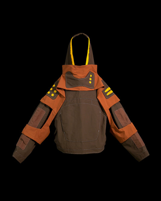 brown industrial dystopian streetwear archive fashion jacket, front view