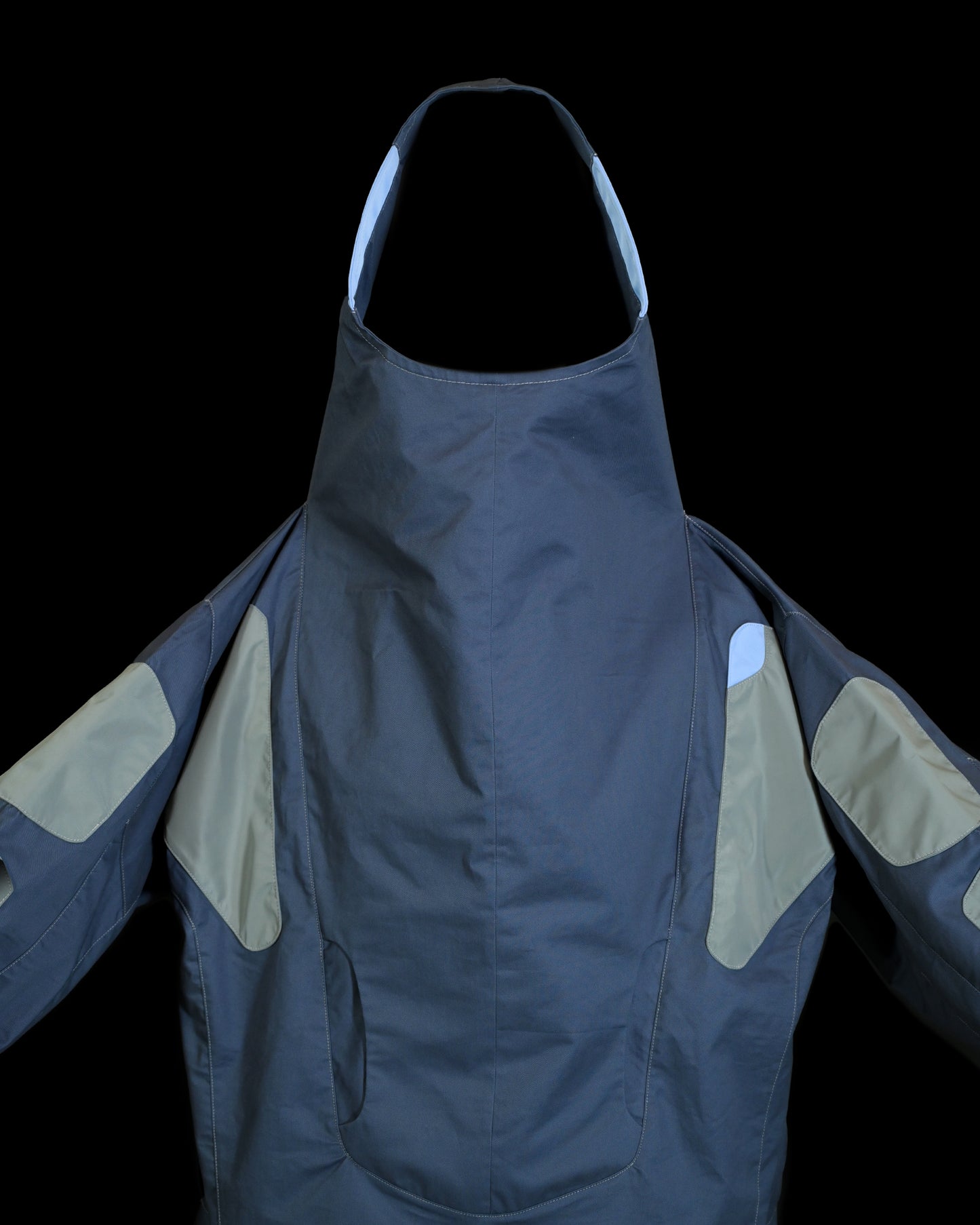 cerulean futuristic archive fashion rain jacket, front close up view