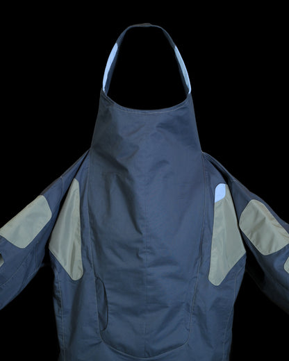 cerulean futuristic archive fashion rain jacket, front close up view