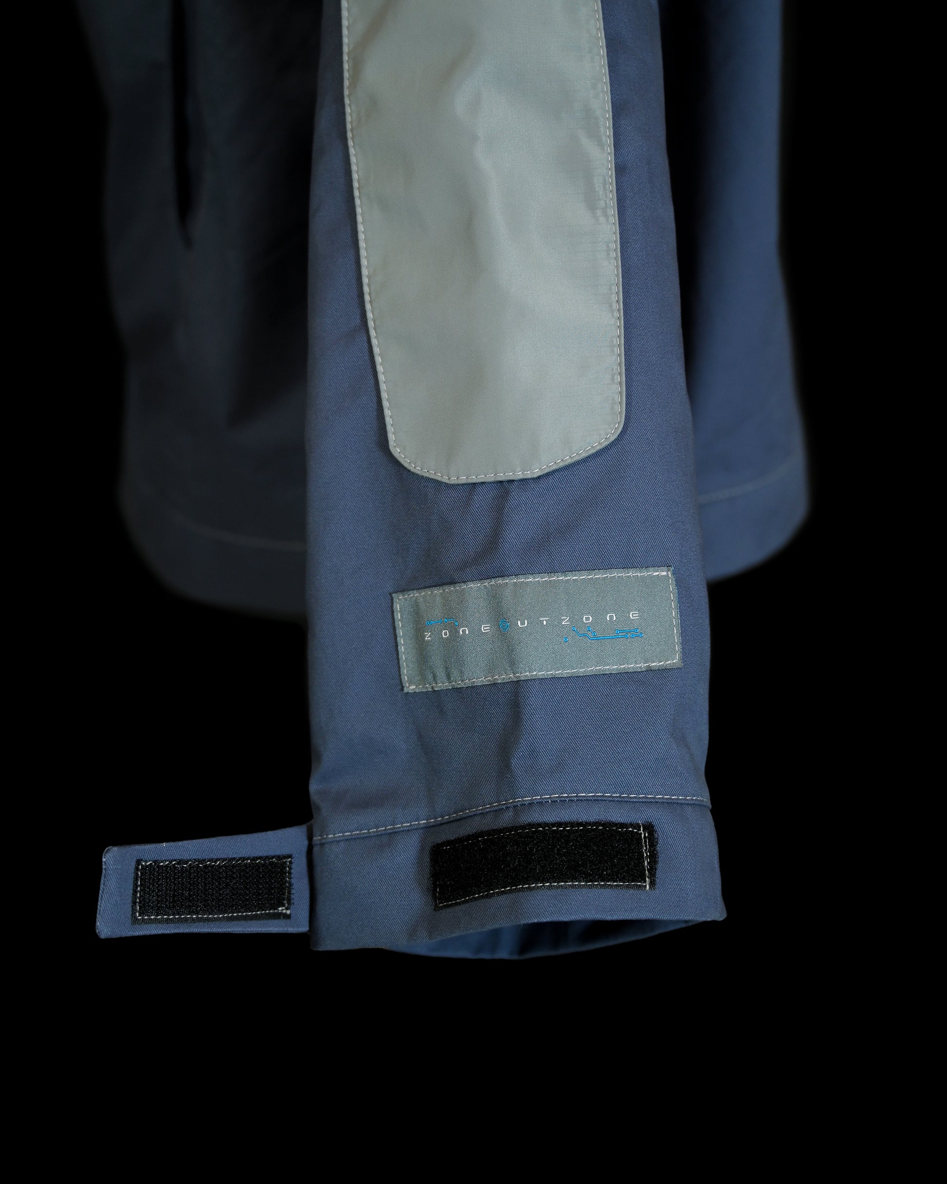 cerulean futuristic archive fashion rain jacket, velcro wrist straps 