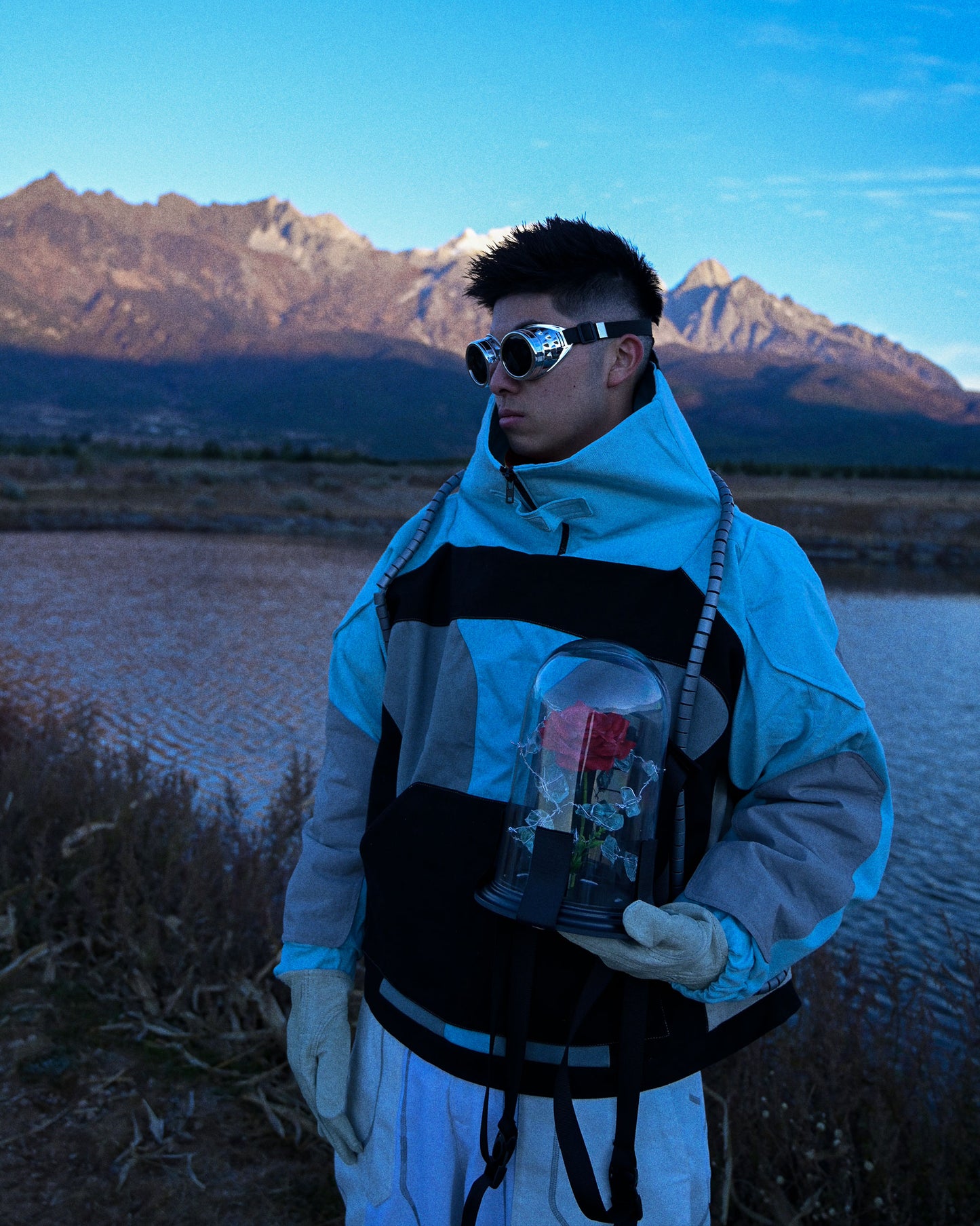 cryogenic ice planet streetwear archive half zip, front model close up view