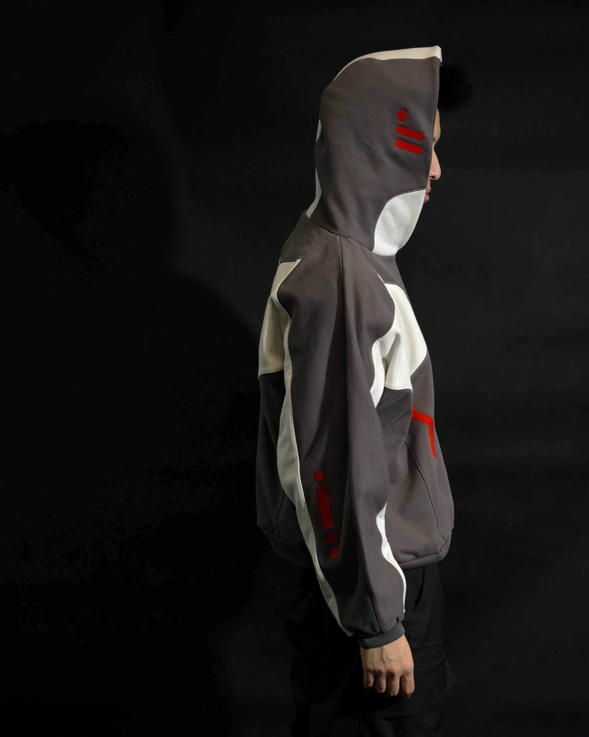 cybercore cyberpunk sci-fi futuristic brown hoodie, side model view