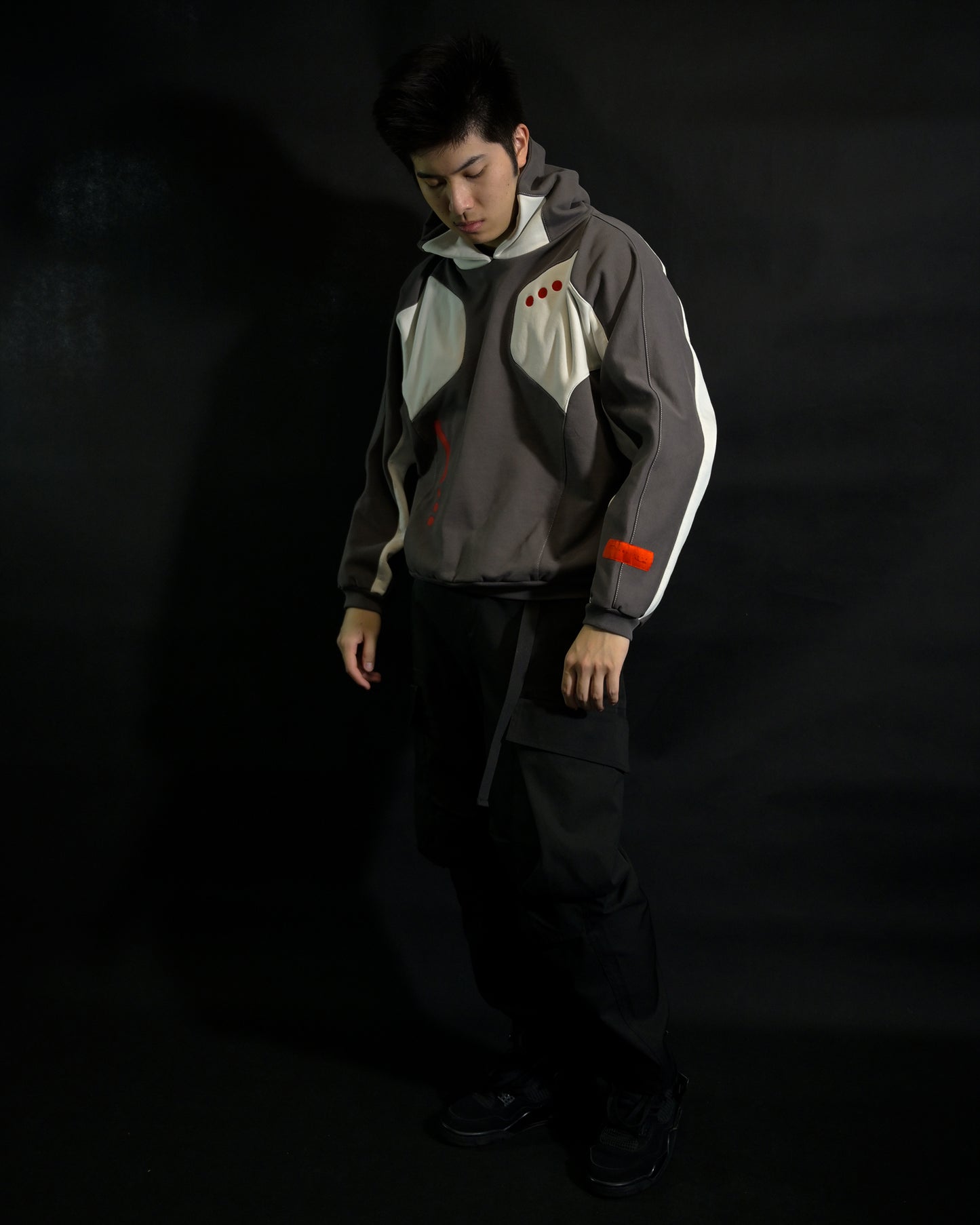 cybercore cyberpunk sci-fi futuristic brown hoodie, front standing model view