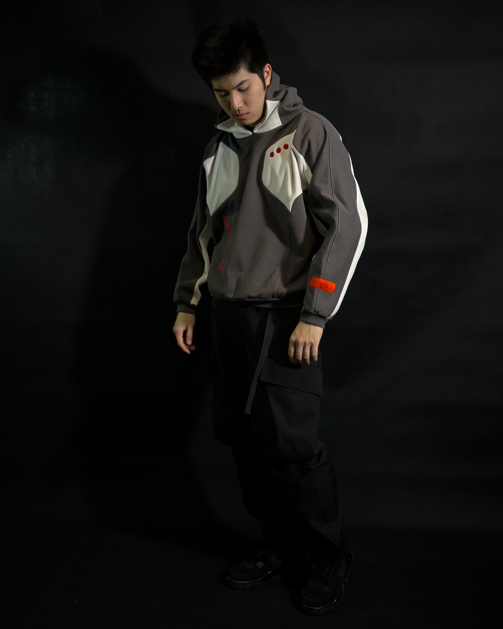 cybercore cyberpunk sci-fi futuristic brown hoodie, front standing model view