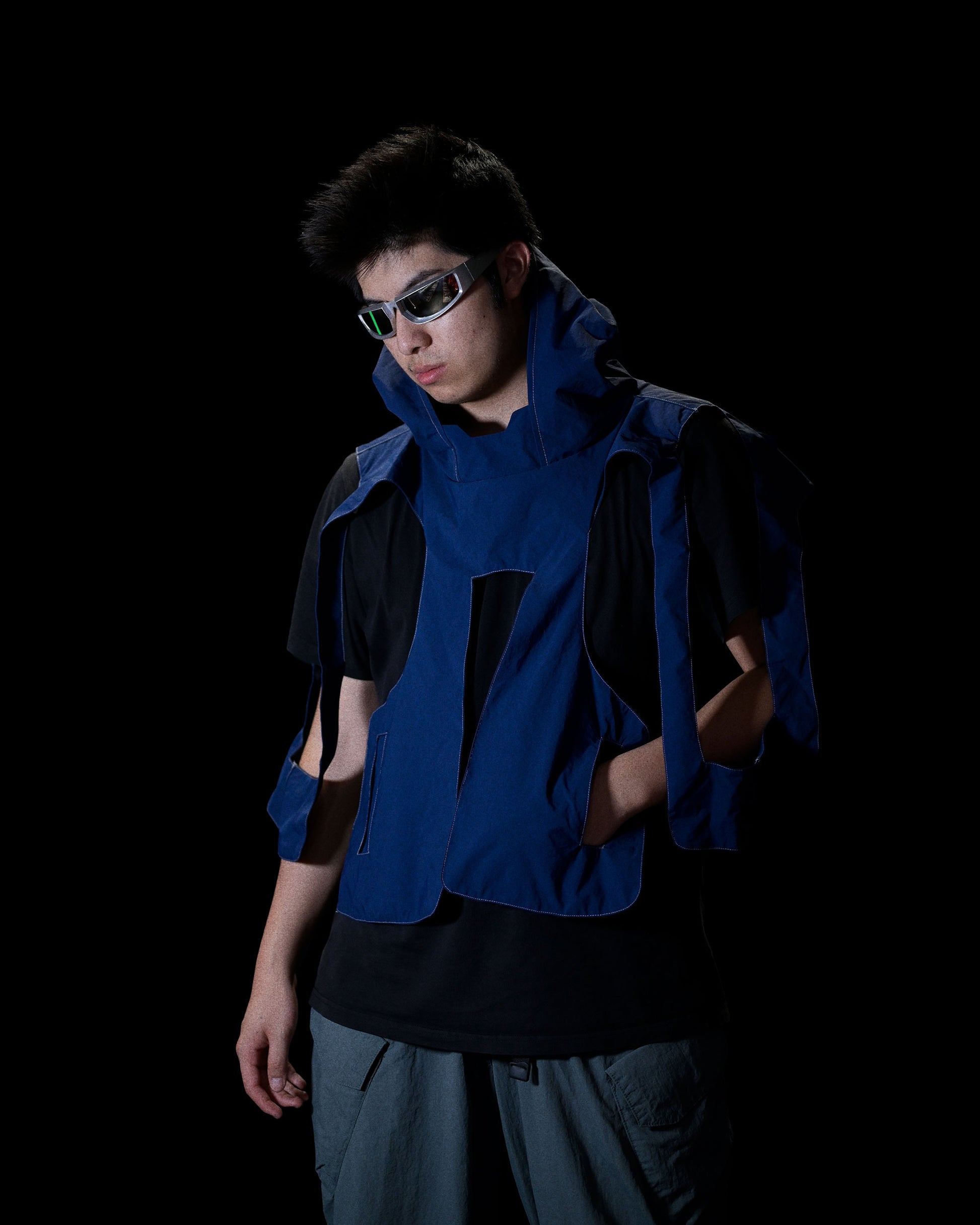 cybercore spacepunk cyberpunk experimental navy jacket, front model add on