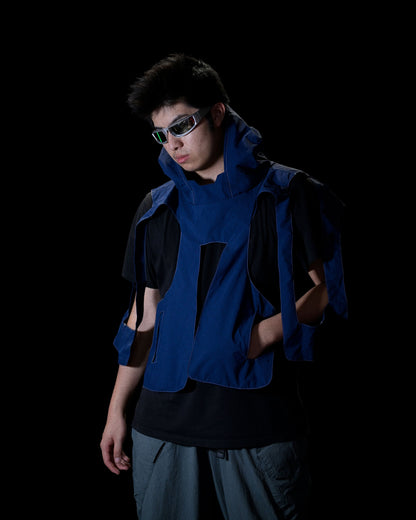 cybercore spacepunk cyberpunk experimental navy jacket, front model add on