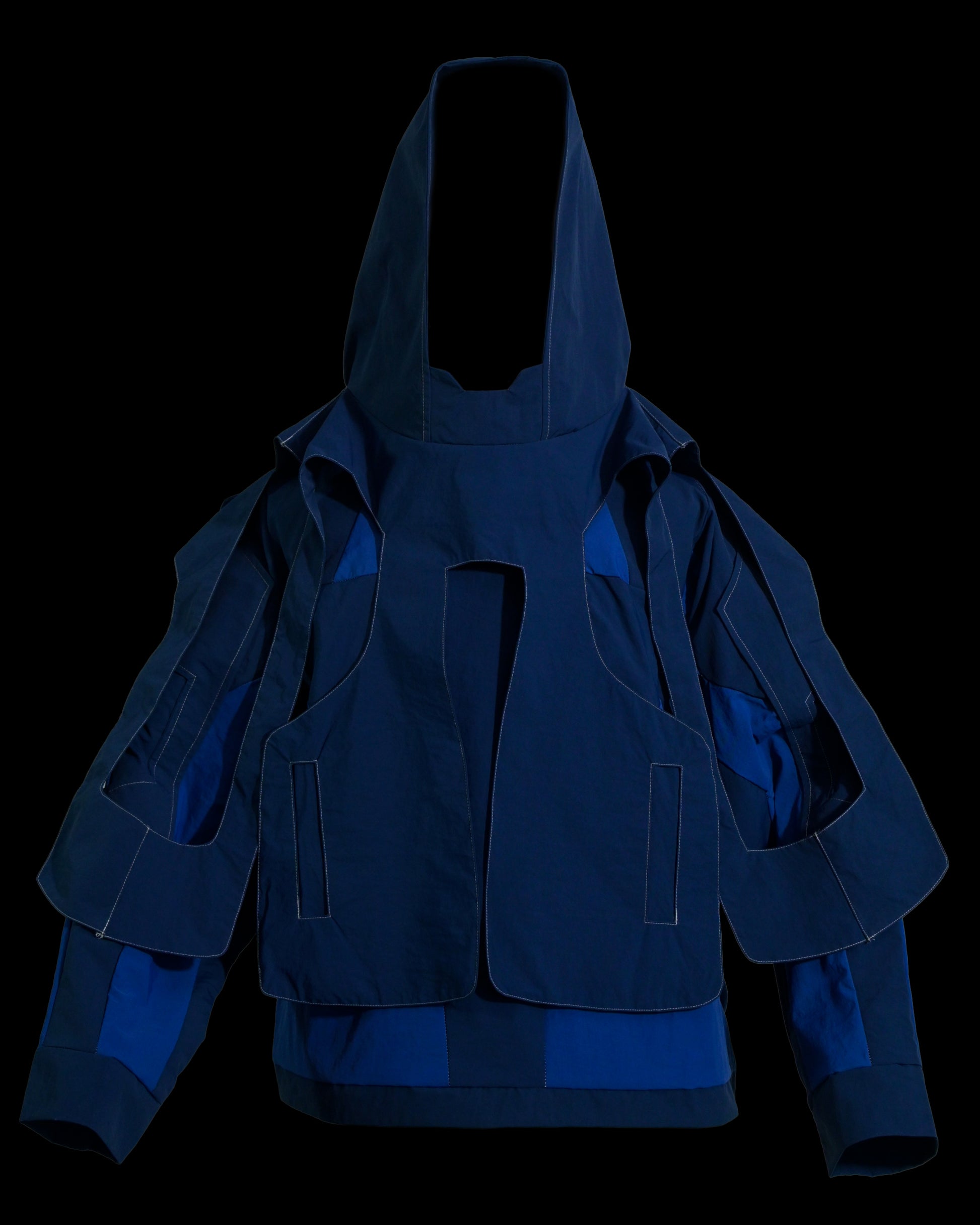 cybercore spacepunk cyberpunk experimental navy jacket, front view