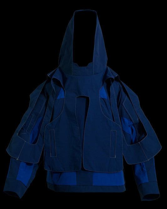 cybercore spacepunk cyberpunk experimental navy jacket, front view