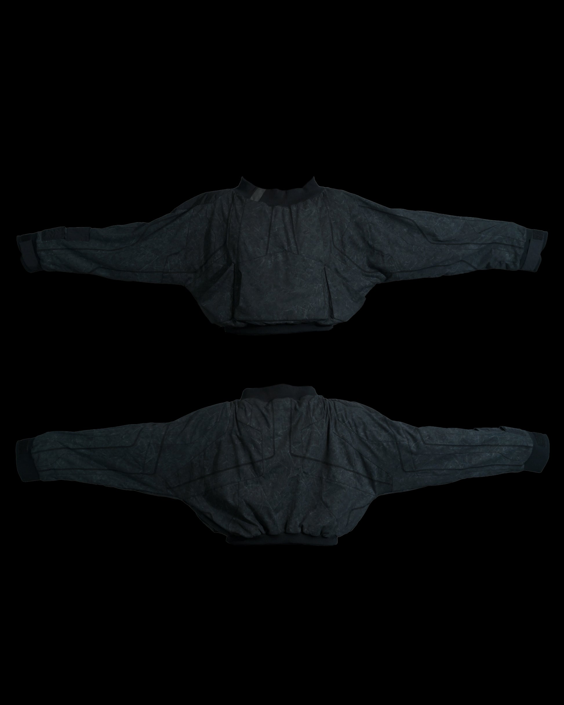 dark black dystopian wasteland cyberpunk long sleeve, front and back view