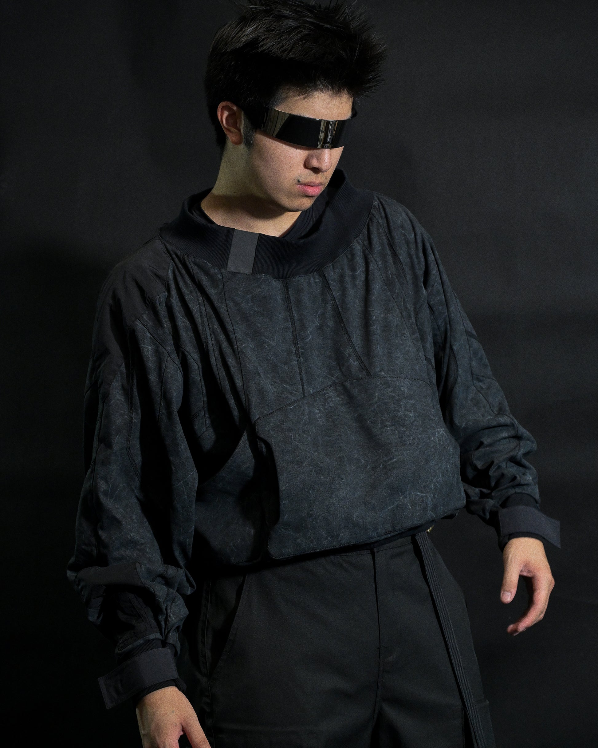 dark black dystopian wasteland cyberpunk long sleeve, model view
