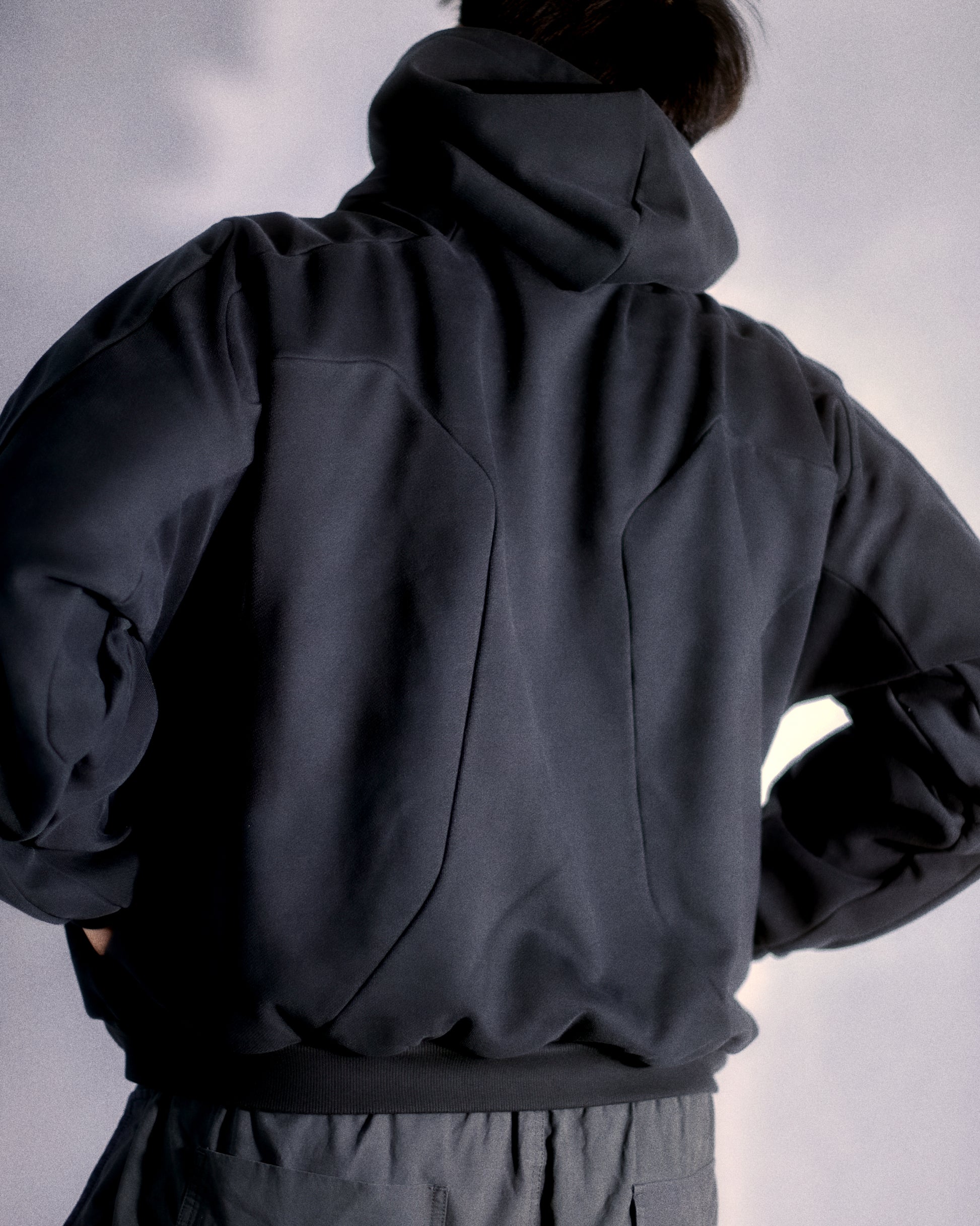dark brutalism sci-fi mech hoodie, back model view