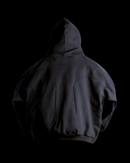 dark brutalism sci-fi mech hoodie, back view