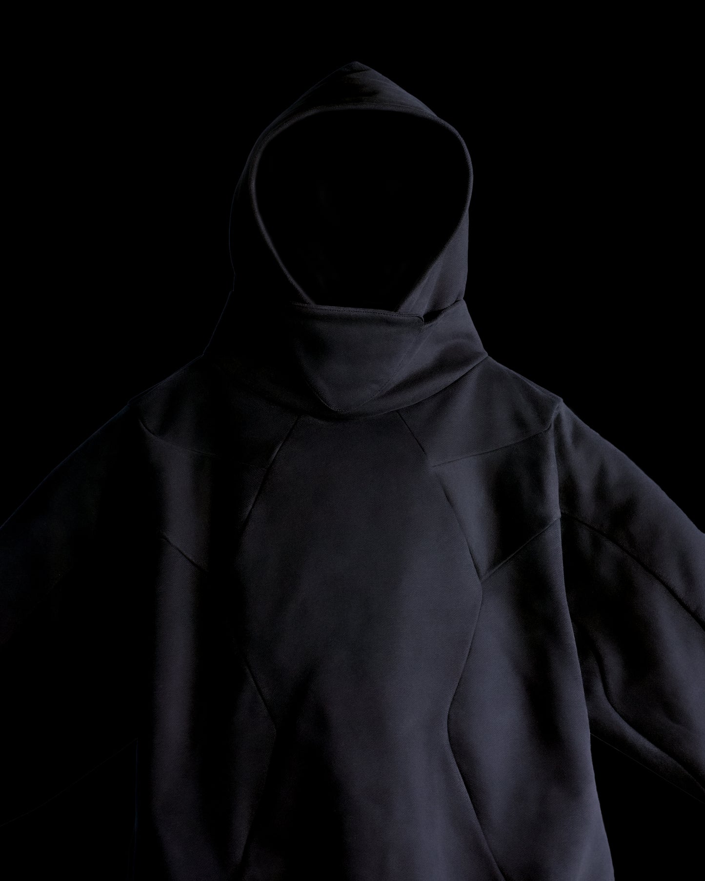 dark brutalism sci-fi mech hoodie, front close up view