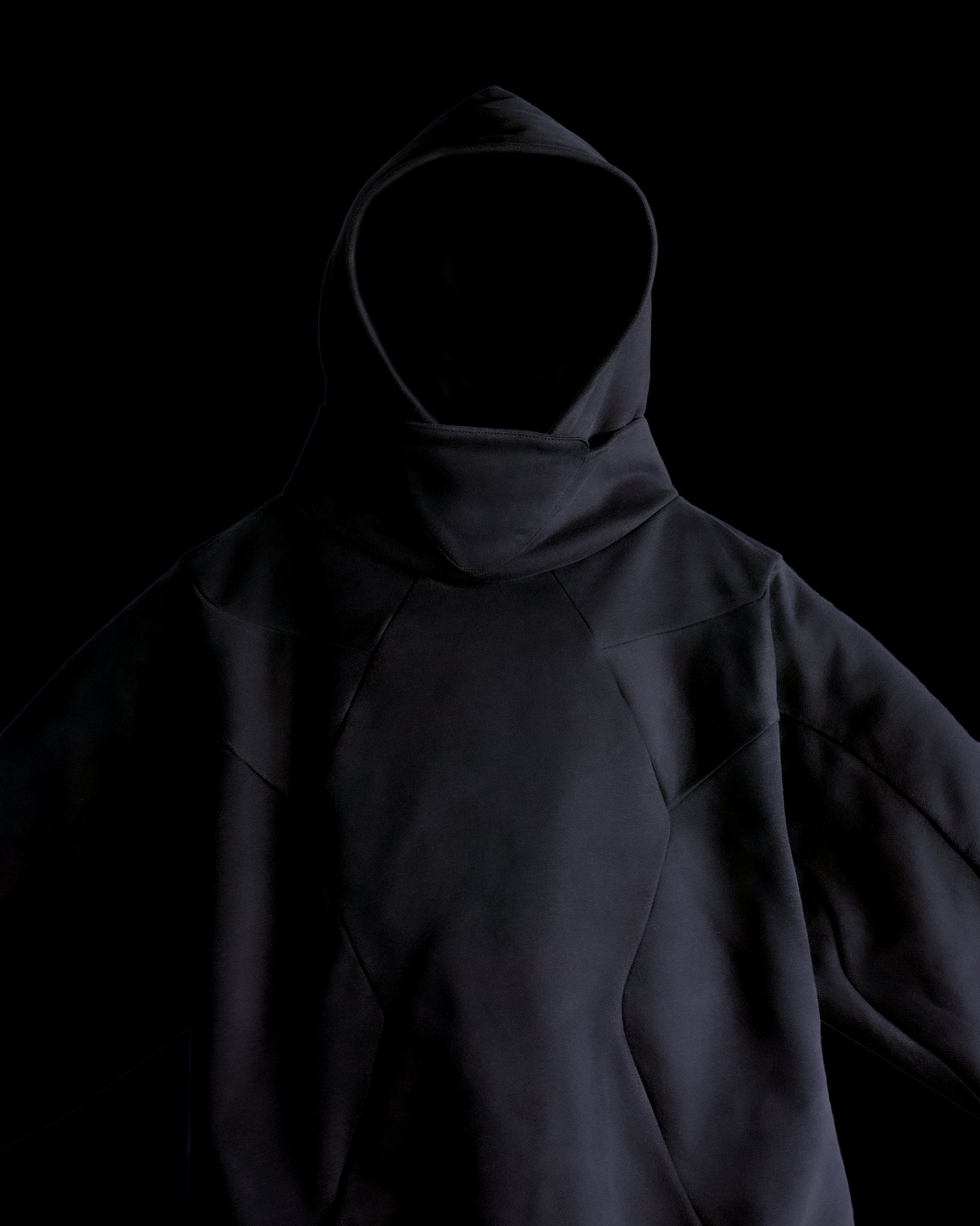 dark brutalism sci-fi mech hoodie, front close up view