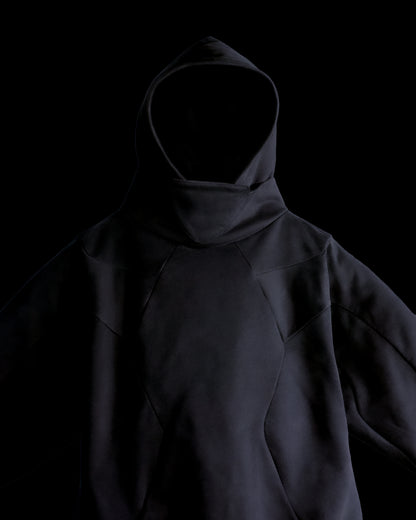 dark brutalism sci-fi mech hoodie, front close up view