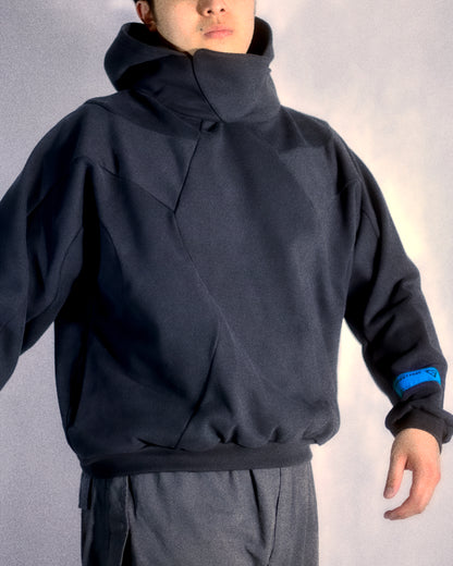 dark brutalism sci-fi mech hoodie, front model view