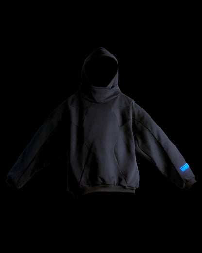 dark brutalism sci-fi mech hoodie, front view