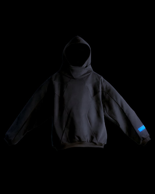 dark brutalism sci-fi mech hoodie, front view