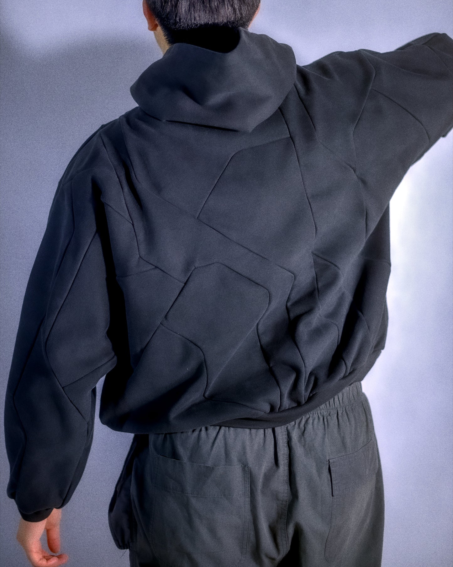 Dark grey hoodie circuit grid futuristic streetwear hoodie, back model view