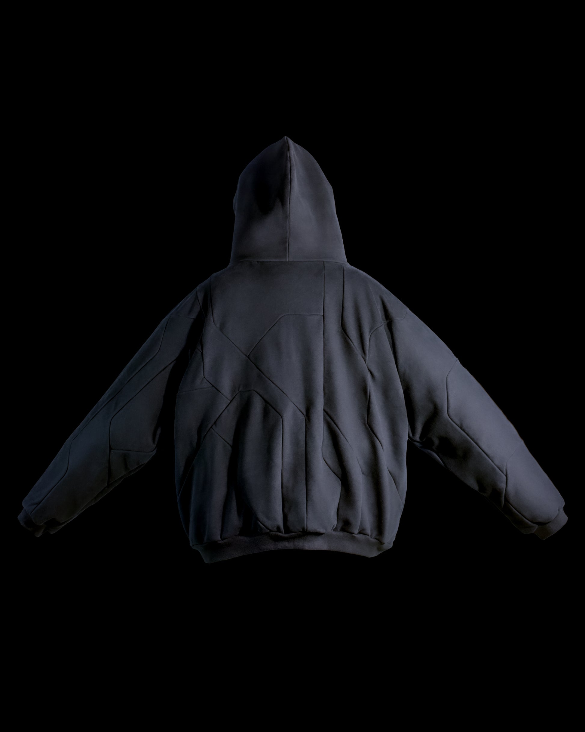 Dark grey hoodie circuit grid futuristic streetwear hoodie, back view