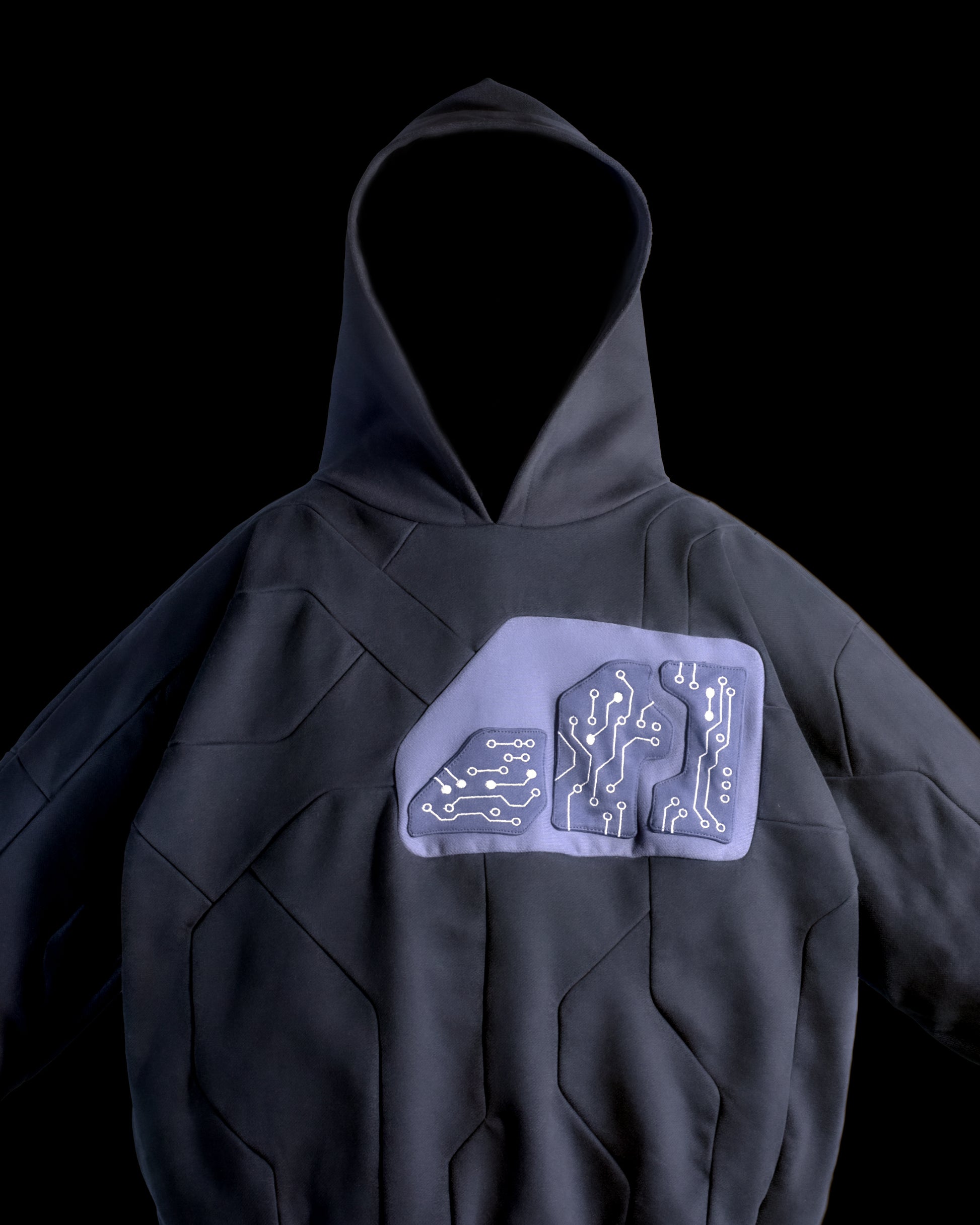 Dark grey hoodie circuit grid futuristic streetwear hoodie, front close up view