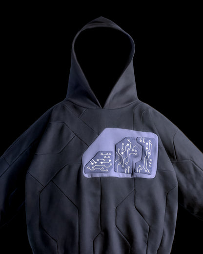 Dark grey hoodie circuit grid futuristic streetwear hoodie, front close up view