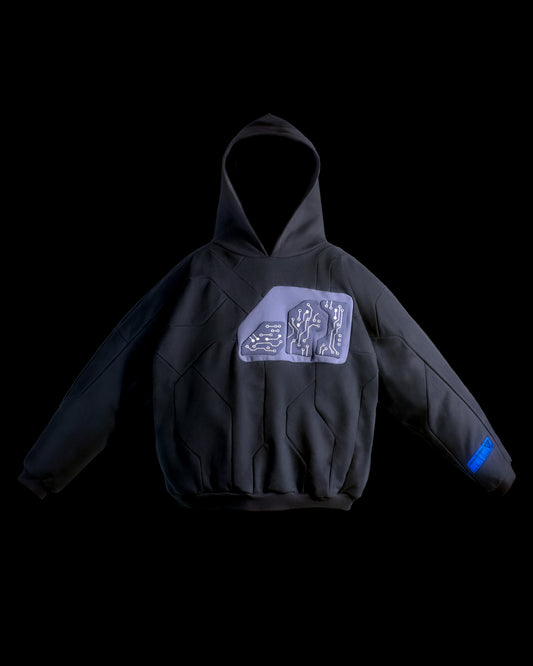 Dark grey hoodie circuit grid futuristic streetwear hoodie, front view