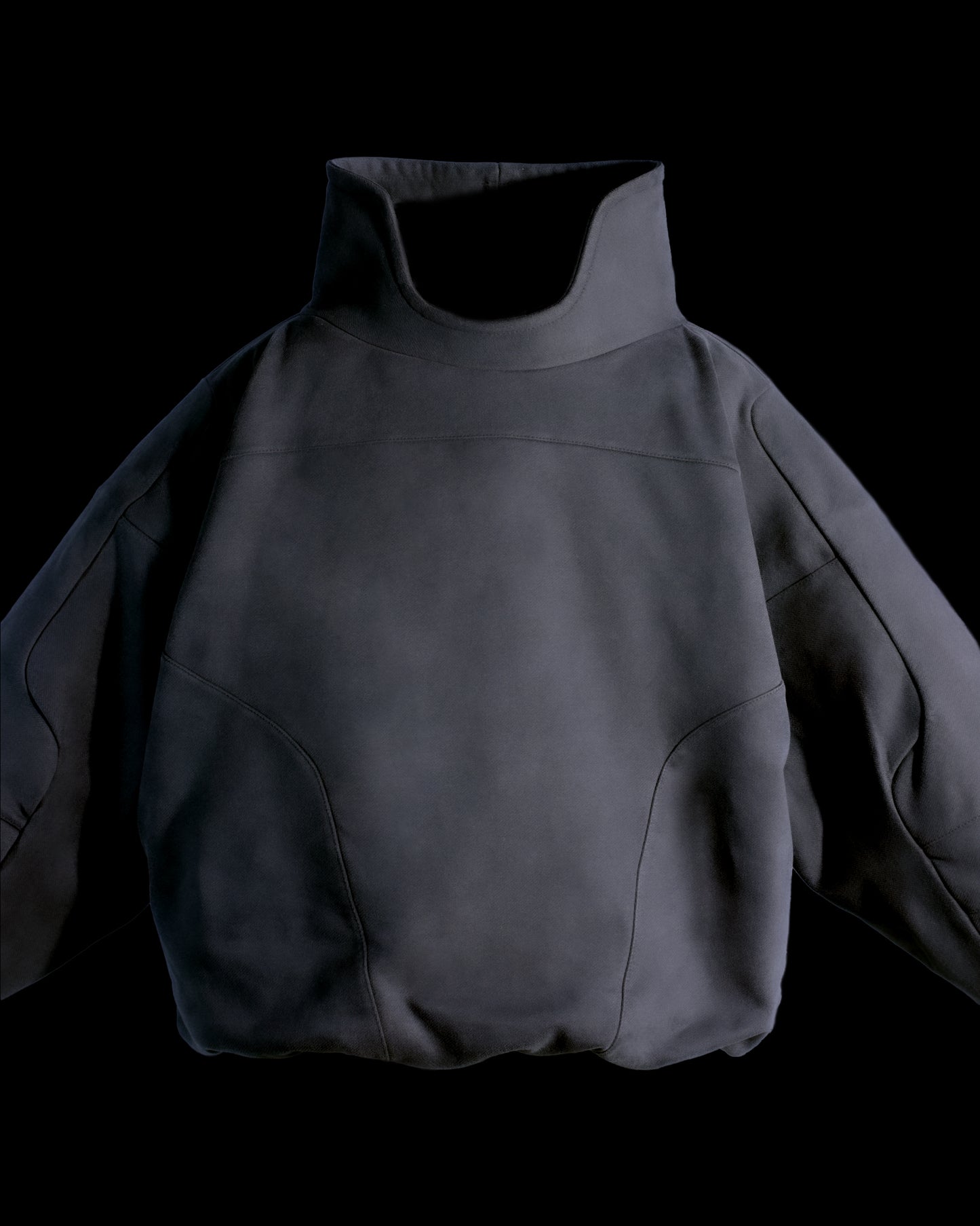 dark grey cyberspace metaverse alien sweater, front close up view