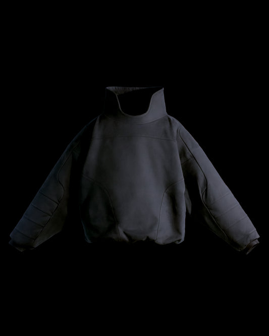 dark grey cyberspace metaverse alien sweater, front view