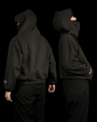 dark grey galactic sci-fi blank streetwear hoodie, side model view