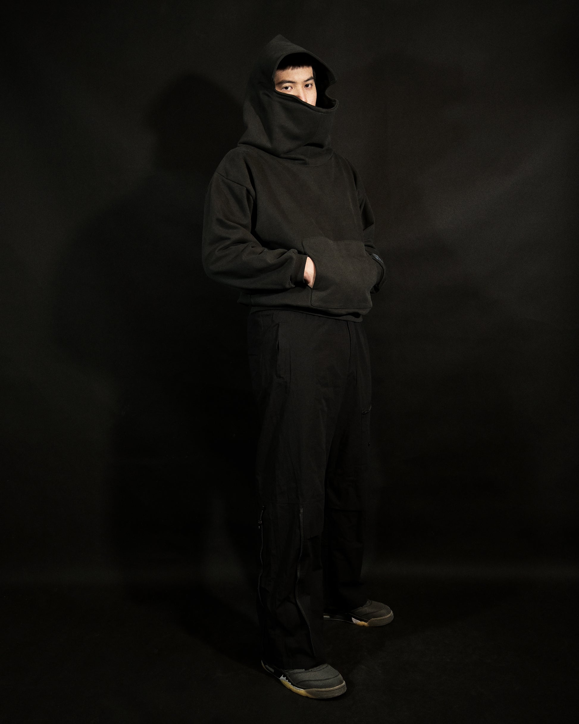 dark grey galactic sci-fi blank streetwear hoodie, front model view