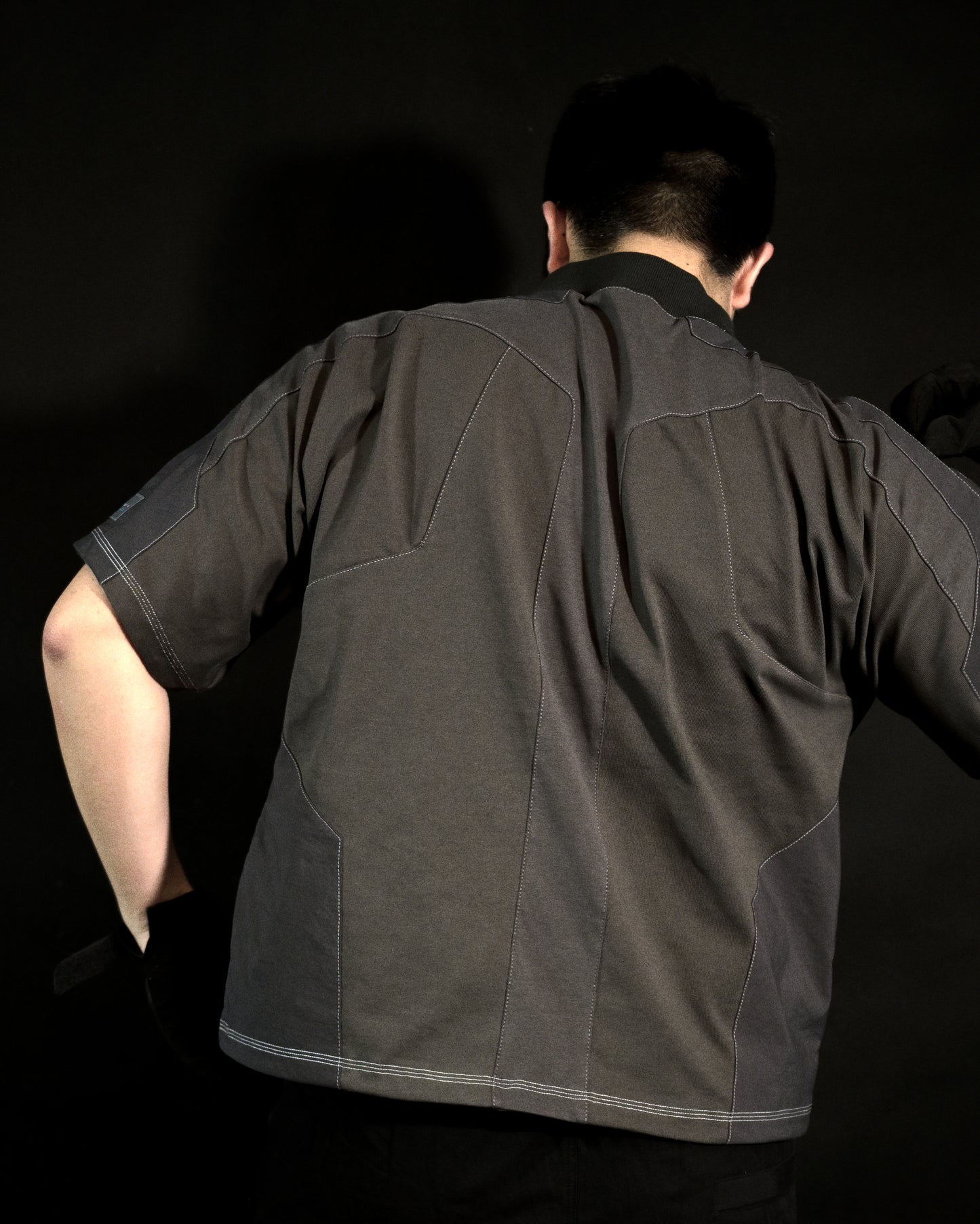 dark grey meta verse cybernetic tee, back model view