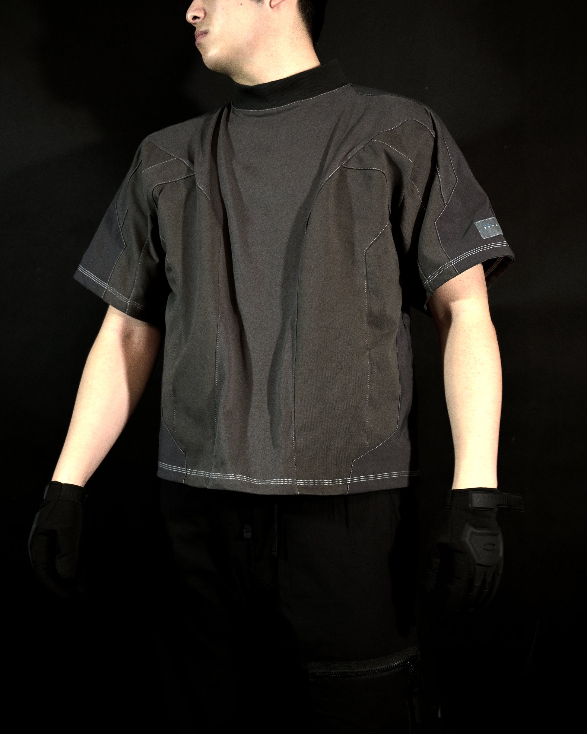 dark grey meta verse cybernetic tee, front model view