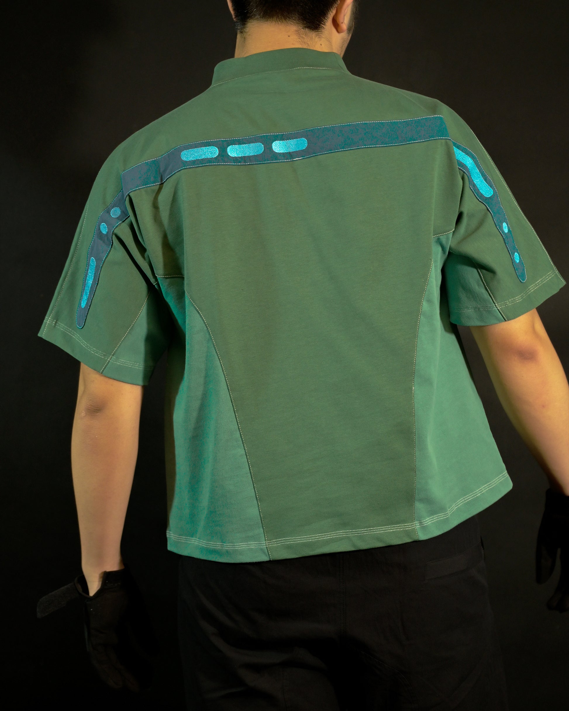 green emerald terraforming earth tone tee, back model view