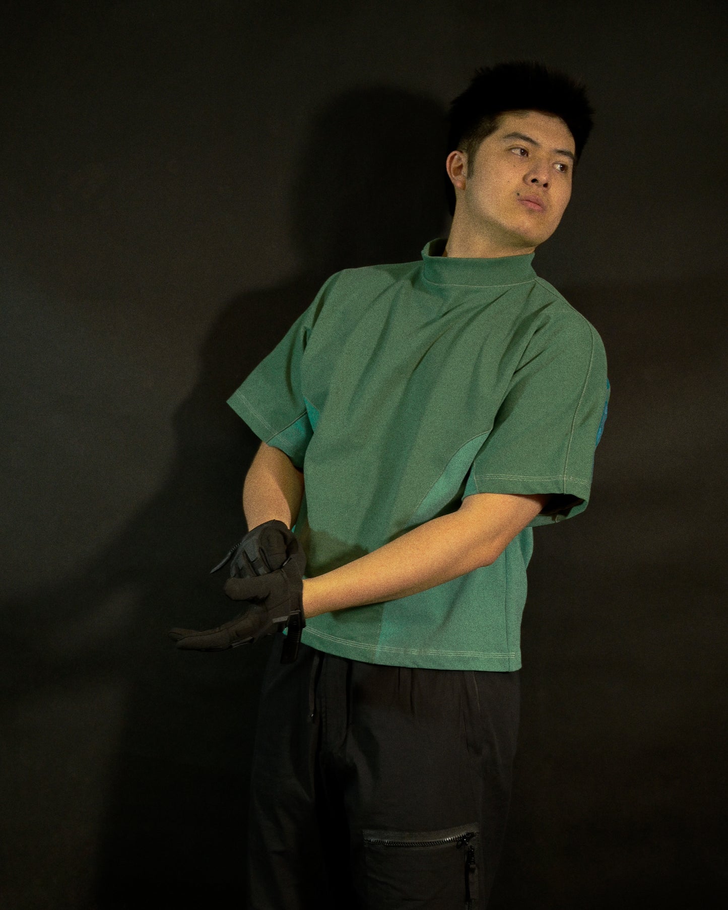 green emerald terraforming earth tone tee, front model view