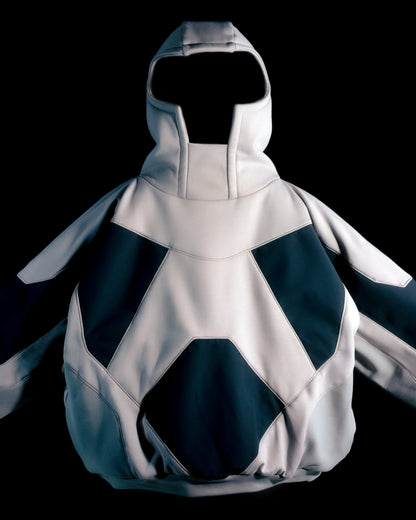 grey battlemech robot futuristic armor hoodie pullover, front close up view