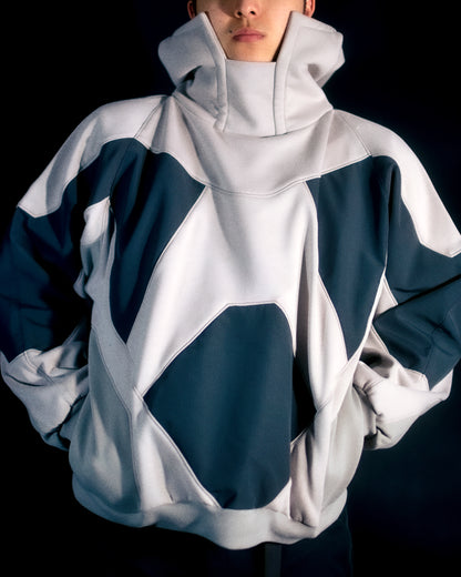 grey battlemech robot futuristic armor hoodie pullover, front close up view