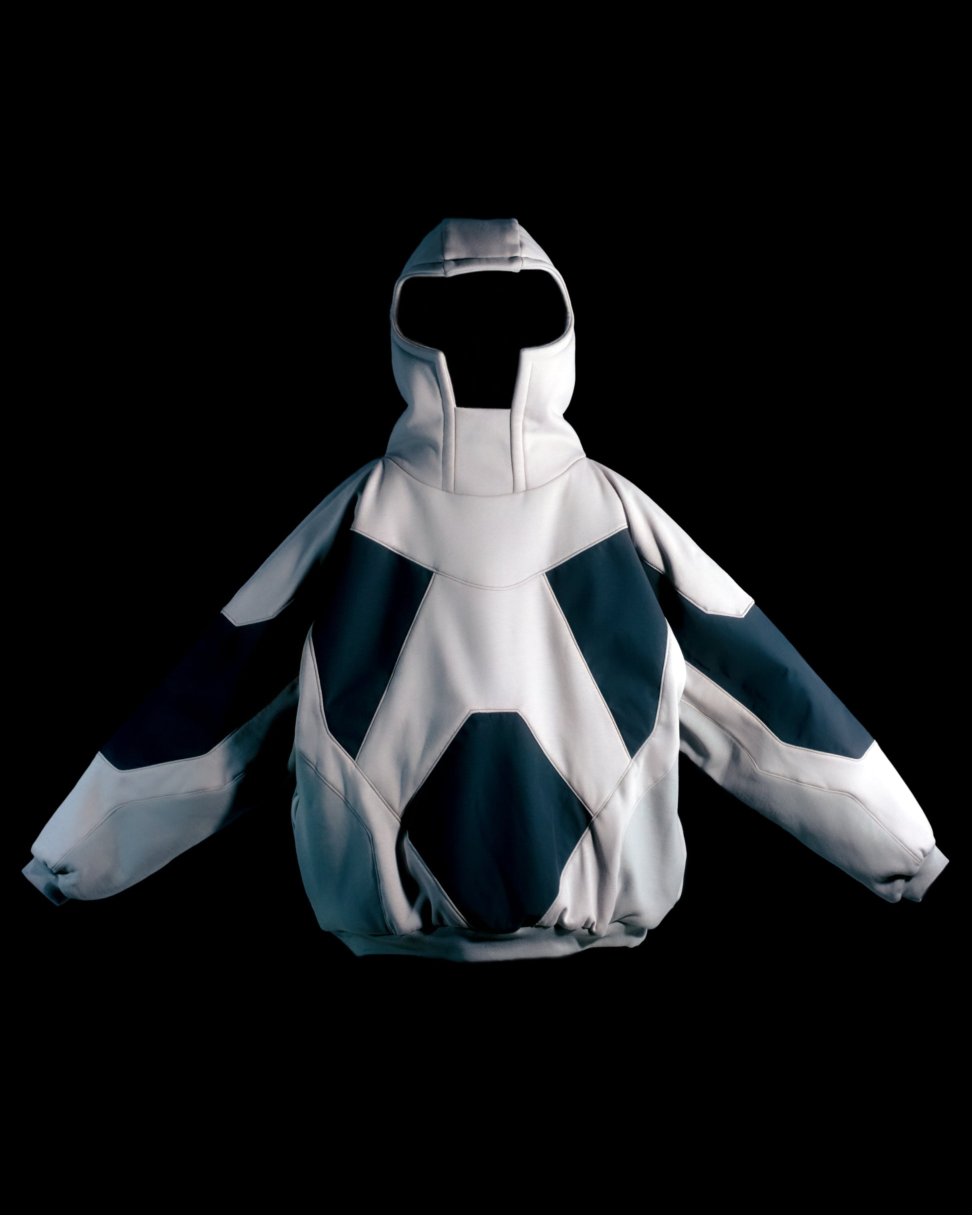 grey battlemech robot futuristic armor hoodie pullover, front view