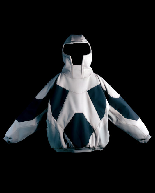 grey battlemech robot futuristic armor hoodie pullover, front view