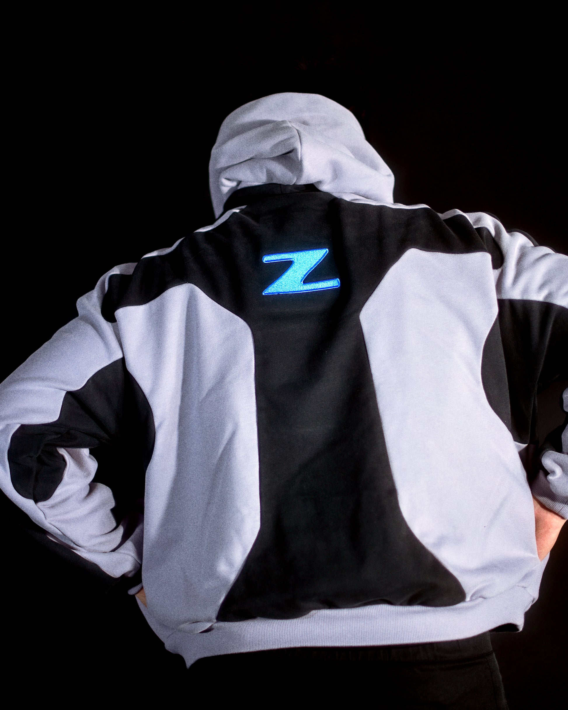 grey black cyber atom cyberpunk space odyssey hoodie, back stitching on model view
